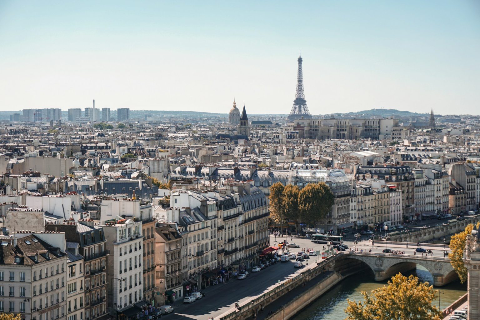 A photo of the rooftops of the city of paris with the eiffel tower in the background.